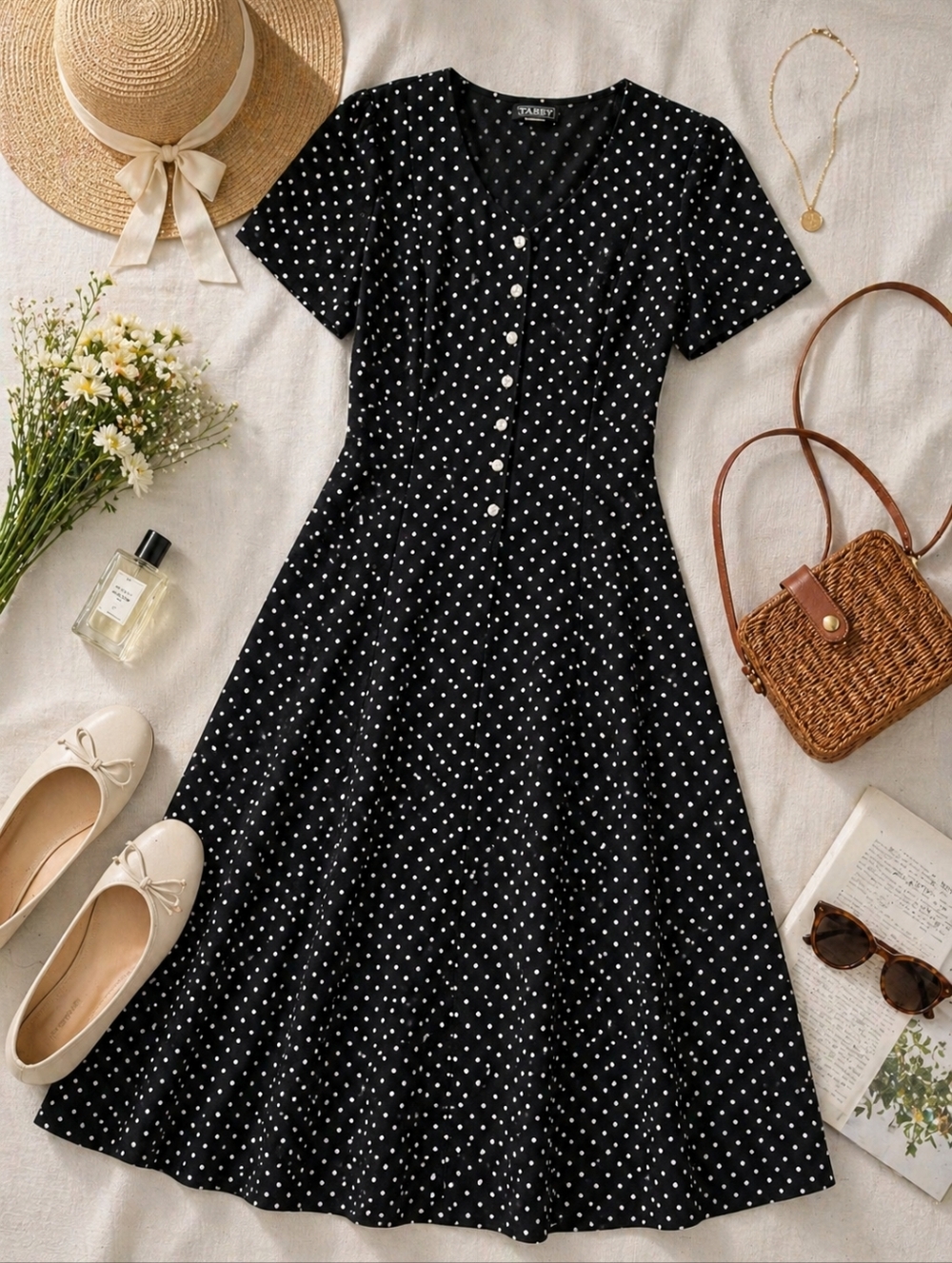 Black White Polka Dot Midi Dress Button Front A-Line Vintage
